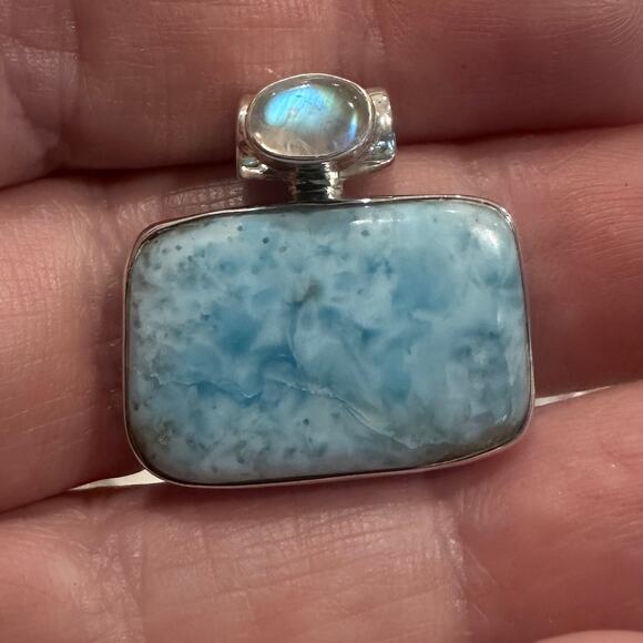 925 Sterling Silver Larimar & Moonstone Pendant-Genuine Dominican Larimar - Picture 3 of 9